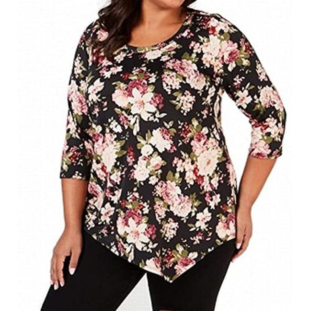 NY Collection Plus Size Printed Asymmetrical-Hem Top